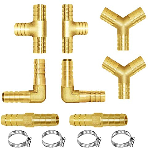 Joywayus 8PCS 1/2 Brass Hose Barb Set, 90 Degree L Right Angle Elbow, Y-Shape Air Hose Connector, Tee Hose Connector, Fuel/AIR/Water/Oil/Gas