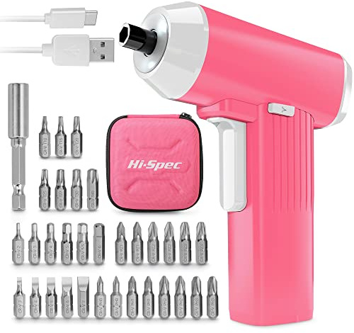 Hi-Spec Cacciavite Elettrico Senza Fili 3.6V in Rosa: Mini Set USB Ricaricabile con 33 Punte Popolari, Perfetto per Casa e Ufficio, Custodia Inclusa