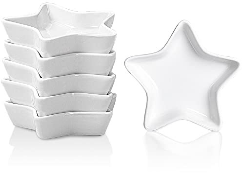 DELLING Star Sojasauce Dish Dip-Schüsseln/Schale, Keramik-Dip-Saucenbecher für Sojasauce, Sushi-Sauce, Gewürze, BBQ, kleine Prisenschalen, 6er-Set, weiß, 37 ml