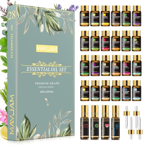 MAYJAM Set De Regalo De Aceites Esenciales - 28 Piezas Para Humidificador y Difusor, 24 Individuales + 4 Mezclas, Para Bricolaje y Hogar