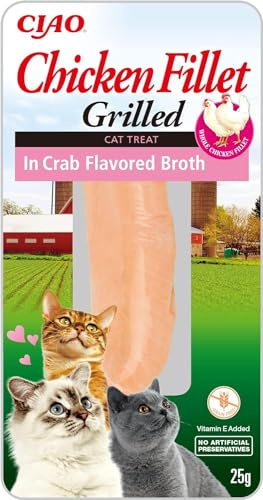 INABA Chicken Fillet Grilled, Katzen Leckerlies mit Krabben Brühe, 1x25g | Eine einzige Proteinquelle, Katzenleckerlis ohne Nebenerzeugnisse, ohne Zucker, Huhnchen-Snack für Katzen