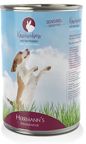 Herrmann´s Manufaktur Manufaktur Kaninchen für Sensible Hunde - Hundefutter nass mit Reisflocken - Alleinfuttermittel für Hunde - Gute Verträglichkeit - glutenfrei, laktosefrei (12 x 400 g Dose)