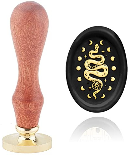 craspire Wachssiegelstempel Schlange Siegelwachsstempel Mondphase Oval 20 × 30 mm Abnehmbarer Messingkopf Siegelstempel Mit Holzgriff