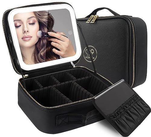 MOMIRA Reise-Make-up-Tasche Kosmetiktasche mit beleuchtetem Spiegel, Einstellbarer Helligkeit in 3 Farbszenarien, wasserdichte Makeup-Trainingsbox, Geschenk für Frauen - Schwarz