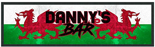 Purple Print House Personalised Wales Flag Bar Runner, Cymru Football or Rugby Supporter Bar Gifts, Home Pub Accessories for Welsh Dad or Grandad, Custom Bar Name Bar Mat, Large - 880x250, White