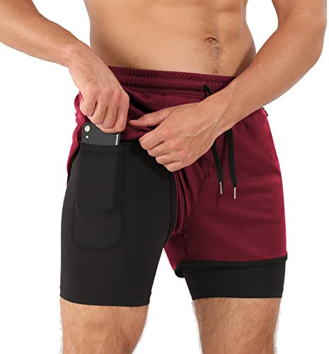 Superora löparshorts för män, kompressionsshorts, gym, fitness, träning, 2-i-1 shorts med telefonficka och blixtlåsfickor, Röd, XL