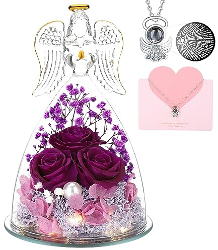 ANWEAO Gifts for Mom Birthday Gifts for Women,Preserved Flowers Rose in Glass Angel Figurines Flowers for Delivery,Preserved Three Purple Rose with Lights, for Mom Grandma Sister Wife