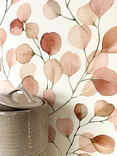 Newroom Vliestapete Rot Eukalyptus Optik Tapete Wohnzimmer Schlafzimmer | Aquarell Eukalyptus Terrakotta Rosé matt feine Leinenstruktur, Boho Landhaus Stil, Mustertapete Wandtapete Schlafzimmer
