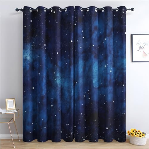 Rideau Occultant Thermiques Galaxie Bleu Marine Enfant - Lot de 2 Rideaux Imprimé pour Salon Chambre Fenetre Cuisine, Rideaux et Draperies Intérieurs à Oeillets, 75x166 cm (LxH)