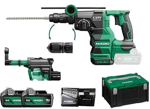 HIKOKI Akku Bohr- und Meißelhammer DH1826DC, mit Staubabsaugung, Aufnahme: SDS-plus (18V, 5,0 Ah, Leerlaufdrehzahl 4300min-1, Schlagenergie: 3,2 J,Brushless Motor, plus Zubehör alles im HSC Koffer