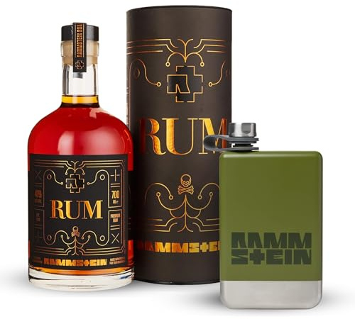 Rammstein Rum (1 x 0.7 l) + Rammstein Flachmann Benzin oliv, rostfreier Edelstahl Trinkbehälter im Set by Lange Theke