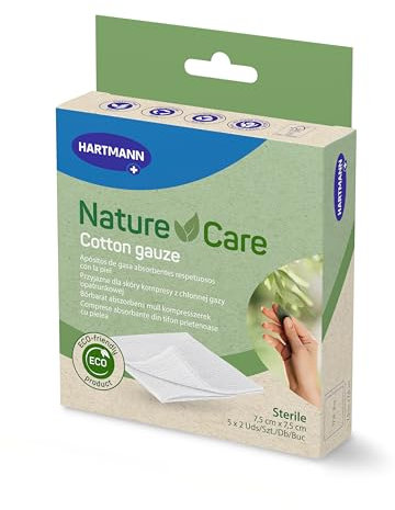 Hartmann Nature Care Gasa de Algodón, Limpiar y Cuidar Heridas, Estéril, Envase libre de plásticos, Eco-friendly, Materiales Naturales, 7.5x7.5 cm, 5 unidades