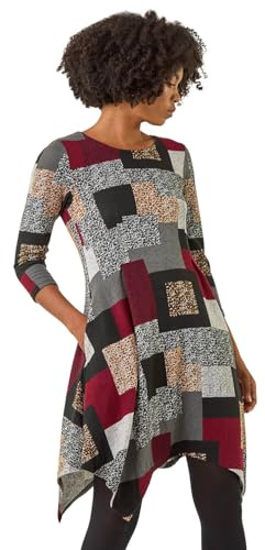 Roman Originals Patchwork Pocket Detail Stretch Dress for Women UK - Ladies Everyday Autumn Winter Round Neckline Comfy Soft Evening Vacation Work Party Night Out - Red Grey - Size 10