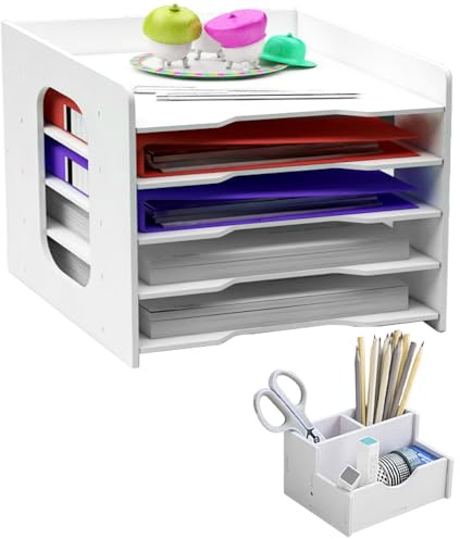 skytowards Schreibtisch Organizer Ablagefächer 5-Tier Briefablage Stapelbar Papierablage A4 Dokumentenablage Schreibtischablage Weiß Büro Aktenablage mit Stifthalter Unterlagen Organizer für Büro