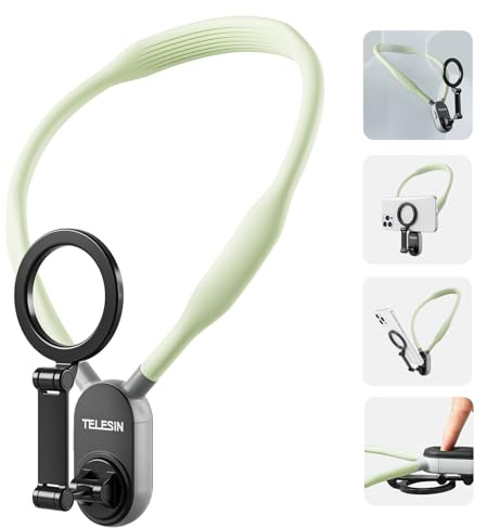 TELESIN Magnetic Neck Phone Holder for POV Vlogging, Green | Hands-free adjustable mount for iPhone and Android | Chest strap for walking, travel, cooking and first-person video