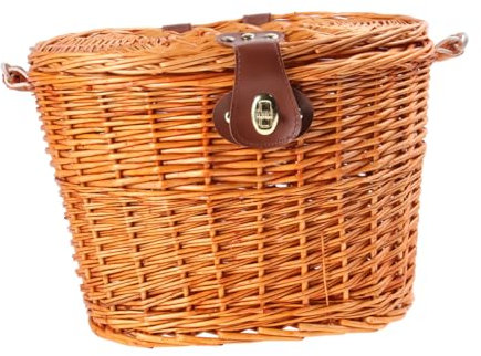 Sosoport Fahrradkorb Mit Deckel Und Griff Für Vorderen Lenker Weidenkorb Aus Natürlichem Korbgeflecht Frontbox Für Bücher Und Taschen