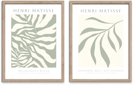 STYLER Bilder Set Sage 2x 30x40 cm (AUFHÄNGFERTIG) mit hochwertigem Holzrahmen - Henri Matisse inspirierte Kunstwerke - Klassische Moderne in Grün Beige und Weiß