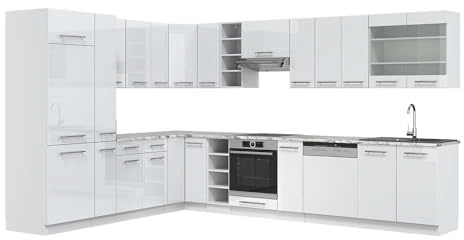Vicco Eckküche Fame-Line, Weiß Hochglanz/Weiß, 347 x 257 cm | 16 Module · Höhenverstellbare Füße · AP Marmor inkl. · MDF-Fronten · Softclose · Metallgriffe