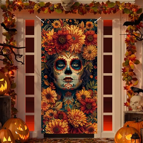 Dia De Los Muertos - Cartel gótico para puerta de Halloween, calavera de azúcar, caléndula, flores, decoración y suministros para el hogar