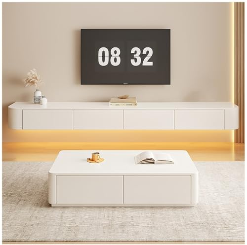 ASKLFNEI 160 cm lang TV-Schrank hängend Weiß,Fernsehschrank mit 2 Schubladen und 1 Klappen Türen, an der Wand befestigte Holz-Medienkonsole, TV Lowboard mit Kabelmanagement