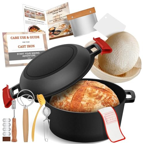 Olla de hierro fundido para hornear pan, cazuela hierro fundido Banneton pan de masa fermentada cesta de prueba de pan de pan de masa fermentada de hornear Suministros, 2 en 1 olla cast iron 4.7L