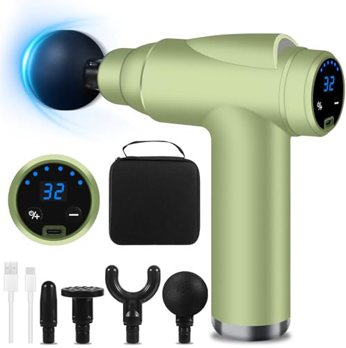 BUOAZR Massagepistole, Mini Muskel Massage Pistole mit 32 Geschwindigkeiten bis zu 3500U/min und 4 Massageköpfen, Elektrisches Massagepistole mit LCD-Bildschirm zur Körper Muskel Entspannen(Grün)
