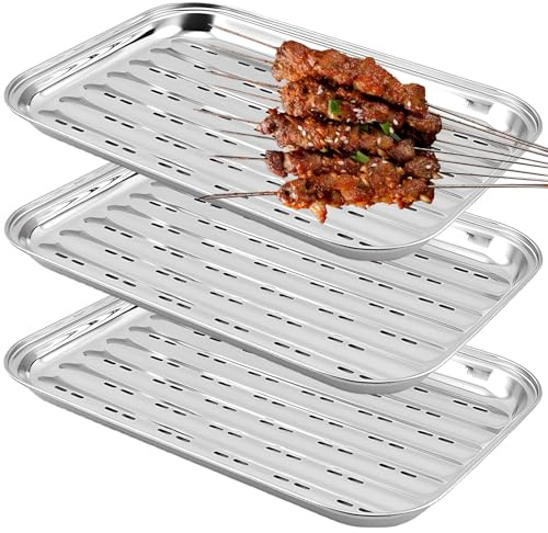 GOMETY 3 Stück BBQ Grillschalen aus Edelstahl, 34.5 x 24.2 x 2.7 cm Wiederverwendbare Grillkorb Gemüsekorb Aussenbereich für Gemüse Fisch oder Fleisch für Gas-, Elektro- und Holzkohlegrill (Silver)