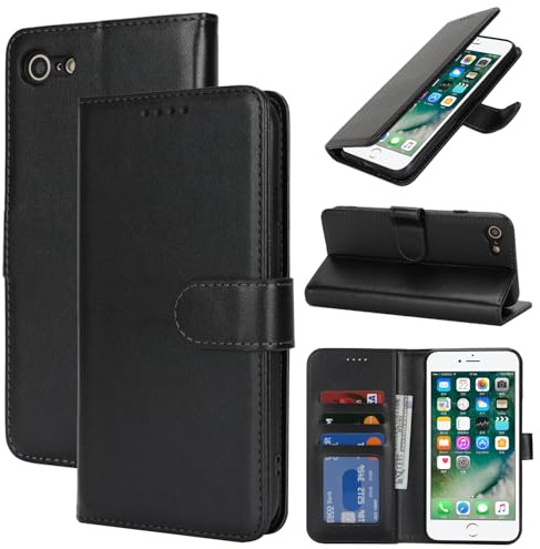 Zouzt Hülle für iPhone SE (3./2. gen)/8/7 Premium PU Leder, Schwarz | Handyhülle mit Kartenfächern, Magnet Klapp Schutzhülle, Stoßfeste TPU-Innenhülle, Frauen Männer, Leather Wallet Phone Case