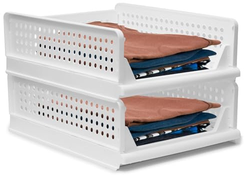 BOODPET Organizador de almacenamiento para armario, 2 cestas apilables pequeñas, 43 x 33,5 x 14 cm, contenedores de plástico multiusos para armario, baño, oficina, hogar, juguetes, libros, ropa
