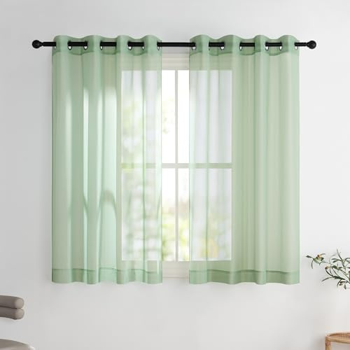 PONY DANCE Net Curtains for Windows 45 drop, Mint Green Voile Panels Eyelet Top Semi Transparent Short Sheer Curtains for Kitchen/Living Room, Lightweight Window Treatment Set of 2, 54 x 45 inches