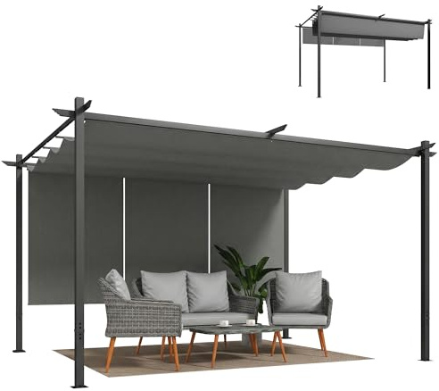 Outsunny Pérgola de Jardín 4x3 m con Techo Retráctil y 3 Laterales Enrollables, Cenador de Jardín Montado en Pared o Independiente, con UPF30+, Estructura Metálica, Pabellón para Exterior, Gris