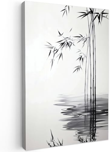 MuchoWow© Leinwand Bilder Groß XXL Wanddeko Wohnzimmer Aesthetic Room Decor | 80x120 cm - Deko Zimmer Wandbilder Modern Bild auf Bambusstämme - Wasser - Minimalistisch - Weiß