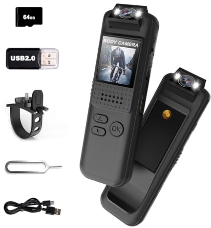 Bextgoo Bodycam, Mini Action Kamera Körperkamera mit 64GB Speicherkarte, Nachtsicht, 1080P HD Sportskamera mit Magnetclip & Fahrradhalterung, Bodycam Körperkamera Mini für Sport und Outdoor