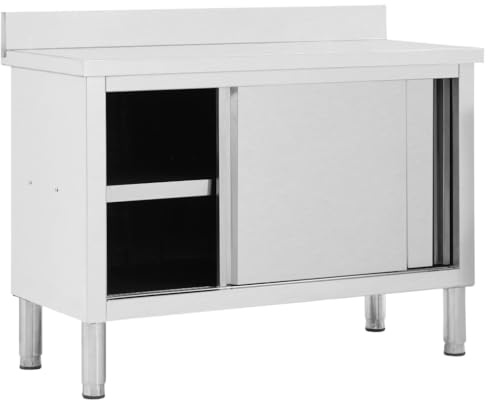 HUAKEHOM Arbeitsschrank mit Schiebetüren Arbeitstisch Arbeitsplatte Edelstahlschrank Gastro Schrank Schiebetürenschrank 120x50x(95-97) cm Edelstahl