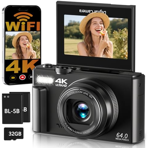 Appareil photo numérique 4K 64 MP avec Wi-Fi, écran pliable à 180°, mise au point automatique, zoom numérique 18X, appareil photo compact avec selfie pour débutants, avec carte de 32 Go, 2 piles