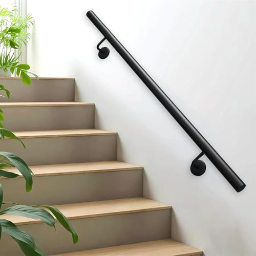 Renmlion Pasamanos de Escalera de Hierro Forjado Negro para Exteriores, Barra de Soporte de Pared para escaleras Interiores, Barra de Seguridad con Kit Completo.(510cm)