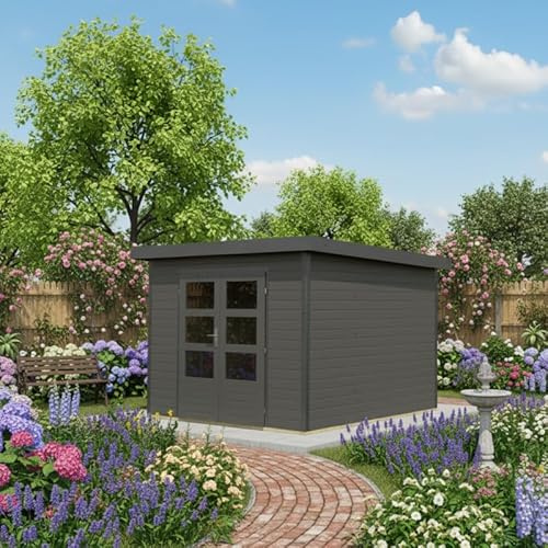 Karibu Pluto | Abri de Jardin Hybride Bois Épicéa & Acier 7,34m² | Gris Terre & Anthracite | Double Porte Vitrée, Serrure, Toit Plat, Kit Fondation