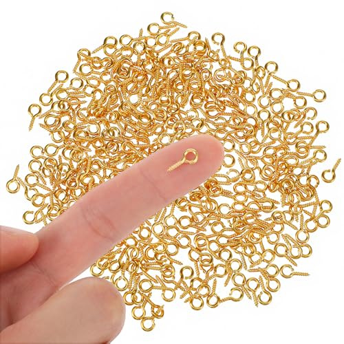 TIESOME 300 mini occhielli a vite, piccole viti ad anello in metallo con filettatura in legno, 10 mm, gancio a vite in acciaio inox dorato, per ciondoli fai da te, perline e gioielli