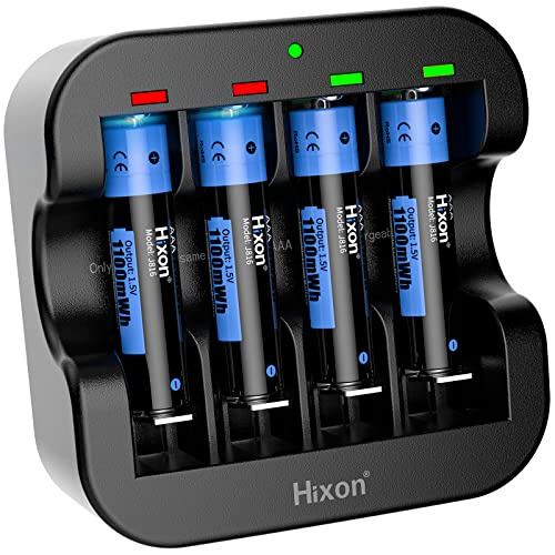 Hixon 1.5V Rechargeable AAA Batteries With Charger,4 Count 1100mWh AAA Lithium Battery High-Capacity Long-Lasting Triple AAA Li-ion Battery,Up to 1600 Cycles,Constant Output(4AAA+1Charger)