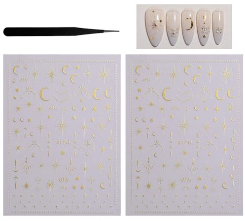 Vauki Set di 2 fogli di adesivi per nail art con pinzetta - Motivo stella bohémien e luna - Design galassia dorata - Piatto ed elegante - Per la decorazione delle unghie DIY, le cover di