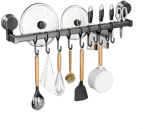 luopeidian Colgador Utensilios Cocina, Barra Utensilios Cocina con Ventosa y Doble Barra, 40 cm Barra Cocina Ventosa para Tapas y Cuchillos, Barra con Ganchos Cocina para Cocina y Baño, Gris Oscuro
