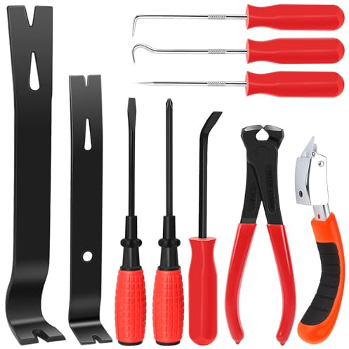 Juego de 10 piezas para extraer clavos y grapas, para tapicería y construcción, incluye alicates de corte, desgrapador, palancas, destornilladores y gancho
