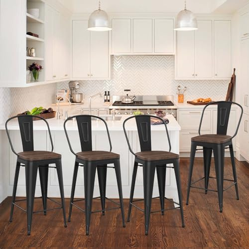 HAOBO Home 30 High Back Barstools Metal Stool with Wooden Seat [Set of 4] Counter Height Bar Stools, Matte Black