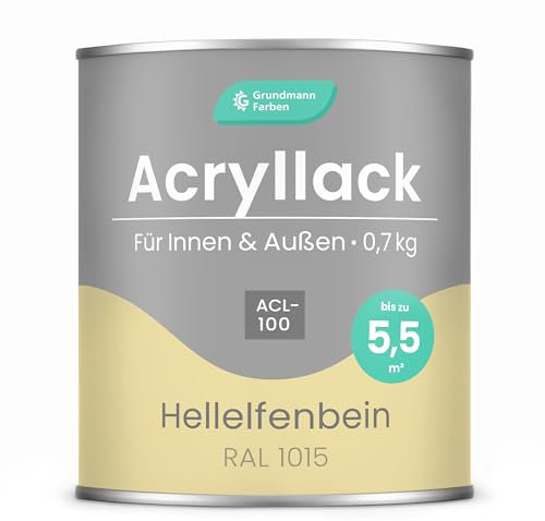 Grundmann Acryllack ACL 100 - Beige 0,7 Kg - 4in1 Lack inkl. Grundierung - Innen und Außen - Für Holz, Metall, Stein & Kunststoff - Hellelfenbein RAL 1015