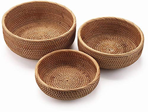 Cesto di Frutta Rotonde in Rattan, Ciotole in Cesta di Vimini Naturali, Organizer in Intrecciate per Cucina/Sala da Pranzo (Rotondo)