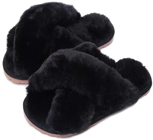 Hitopteu Damtofflor Fluffiga Tofflor Fuskpäls Lurviga öppen tå Tofflor Inomhus Utomhus Slippers Sandaler för Damer Svart EU 39/40 voor labelgrootte 40/41