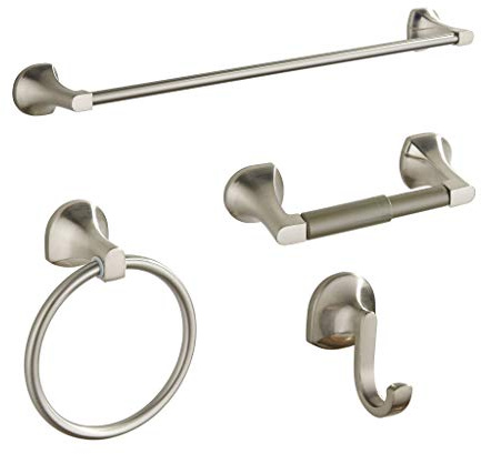 BGL, Set di accessori da bagno, regolabili ed espandibili, 4 pezzi, con barra per asciugamani, anello per asciugamano, gancio per accappatoio e porta carta igienica, montaggio a parete, colore nero