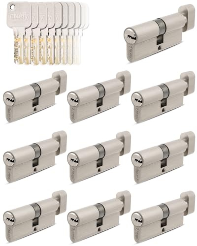 GERCAR Pro 10 cilindros 30/30 de cierre uniforme, juego de 10 cilindros de cierre con pomo y 50 llaves, cerradura de 60 mm, cerradura de cilindro de 10 cilindros – Longitud: 60 mm, A: 30 B: 30 – Latón
