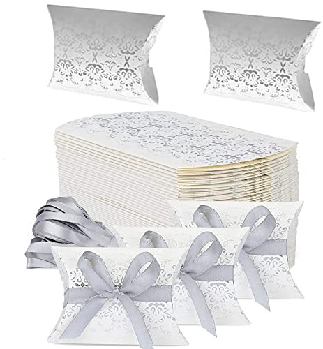 Srup 50 Stück Kissen Geschenkbox, Hochzeits Party Geschenkschachteln Papier, Kissen Kästen Süßigkeit Kasten, Gastgeschenke Geschenkboxen mit Bändern, Pralinenschachtel aus Papier, Kleine Geschenkbox