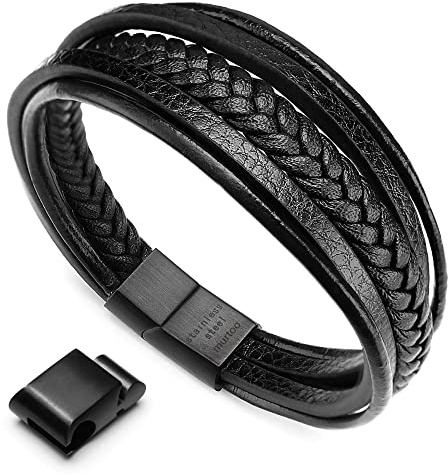 murtoo Herrarmband rostfritt stål äkta läder armband natursten flätad med magnetlås, 20.5cm, Rostfritt stål